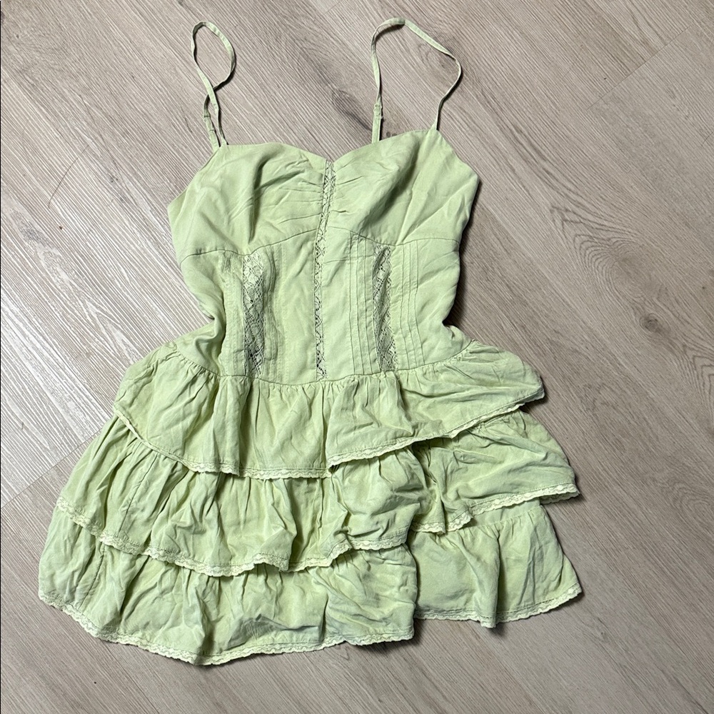 American Eagle Outfitters Light Green Smocked Lace Ruffle Tiered Mini Dress
